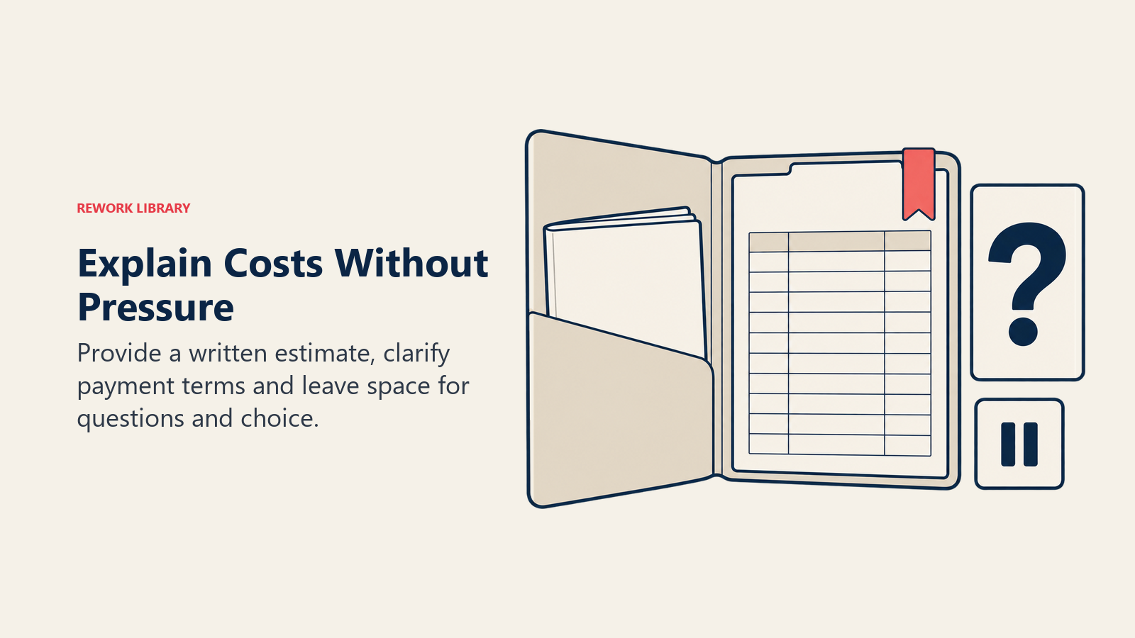 Explain Costs Without Pressure illustrated by transparent estimate.