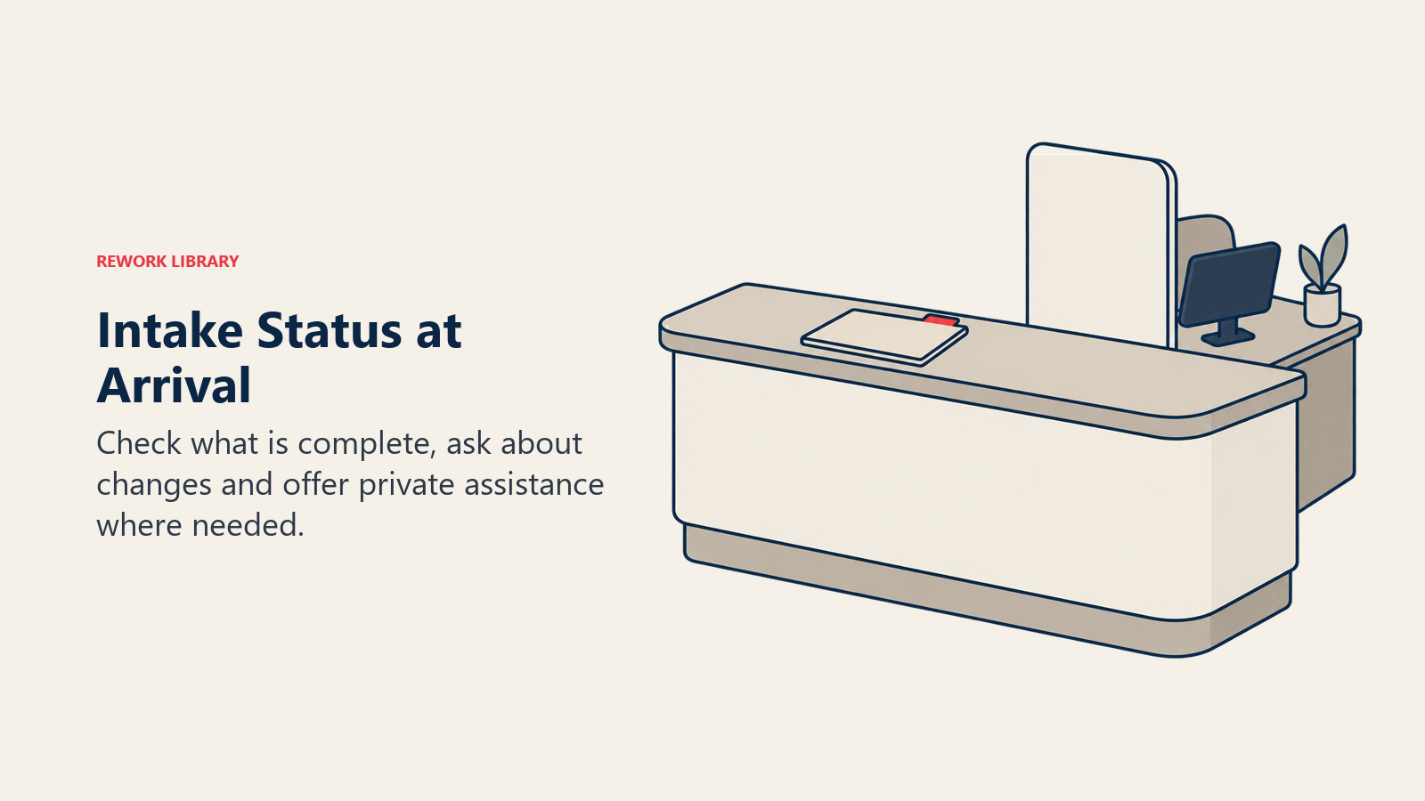 An intake folder at reception and a screened assistance desk illustrate private intake support