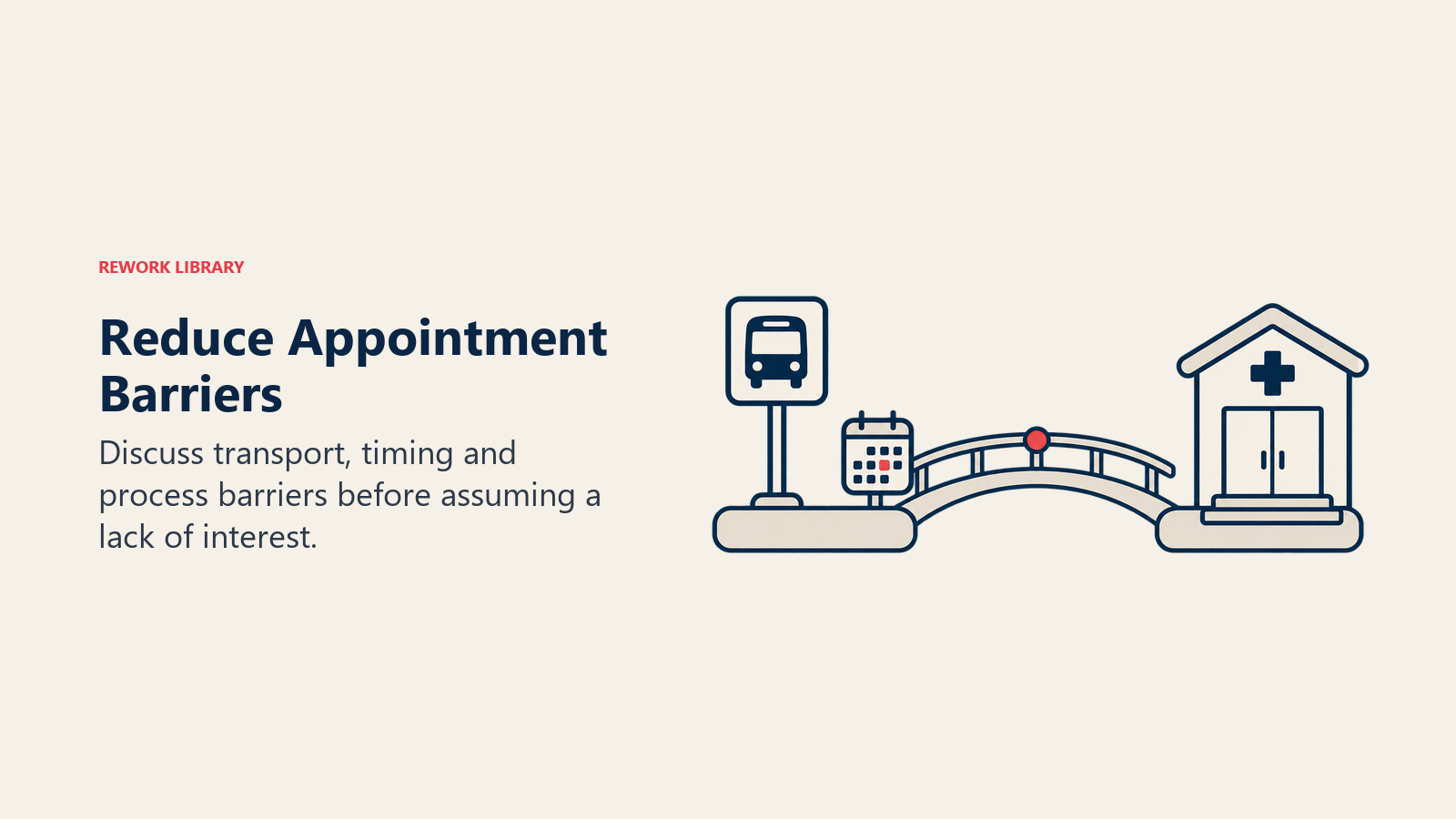 A bridge between a transit stop and clinic illustrates reducing transport and scheduling barriers