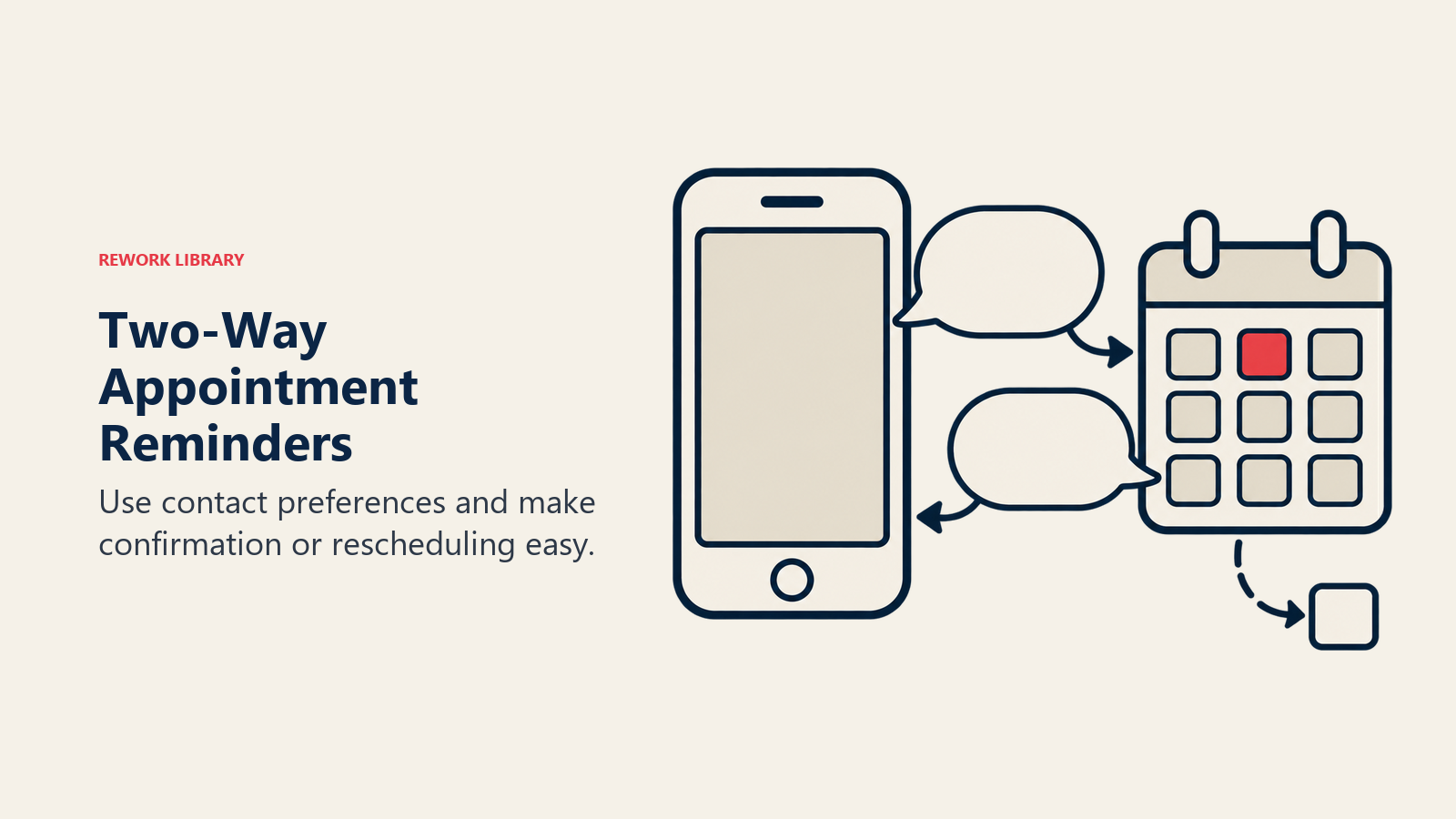 A phone and calendar exchange reminder replies with a separate rescheduling path