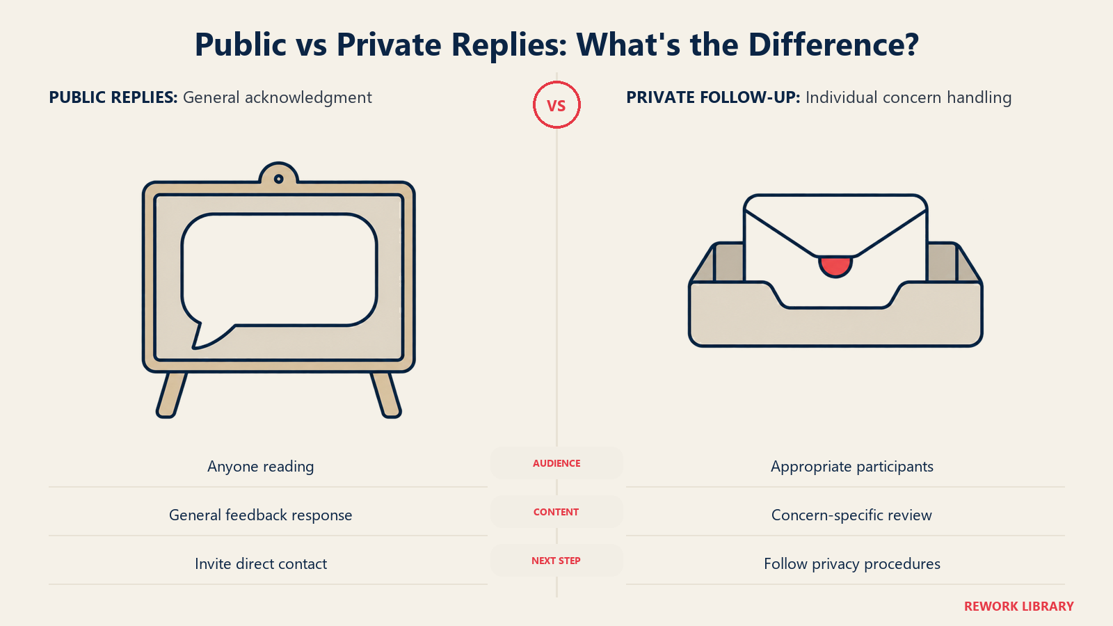 A public feedback board contrasts with a closed envelope in a private staff inbox