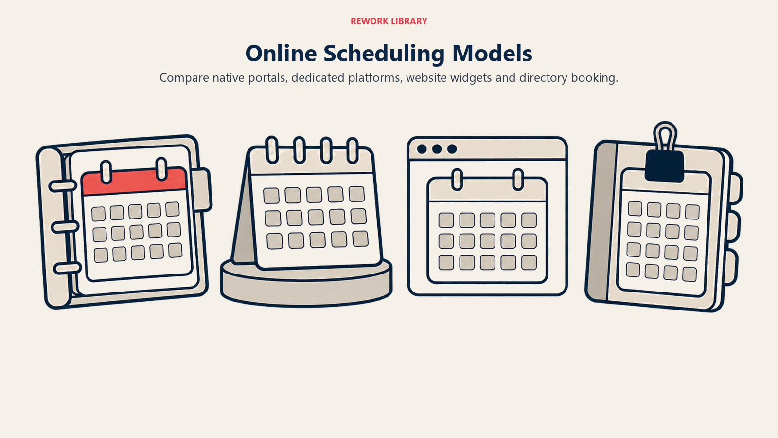 Four scheduling models shown as native, standalone, embedded website and directory calendars