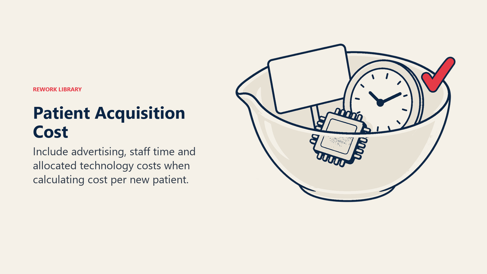 Patient acquisition cost combining advertising, staff time and technology in one measuring bowl
