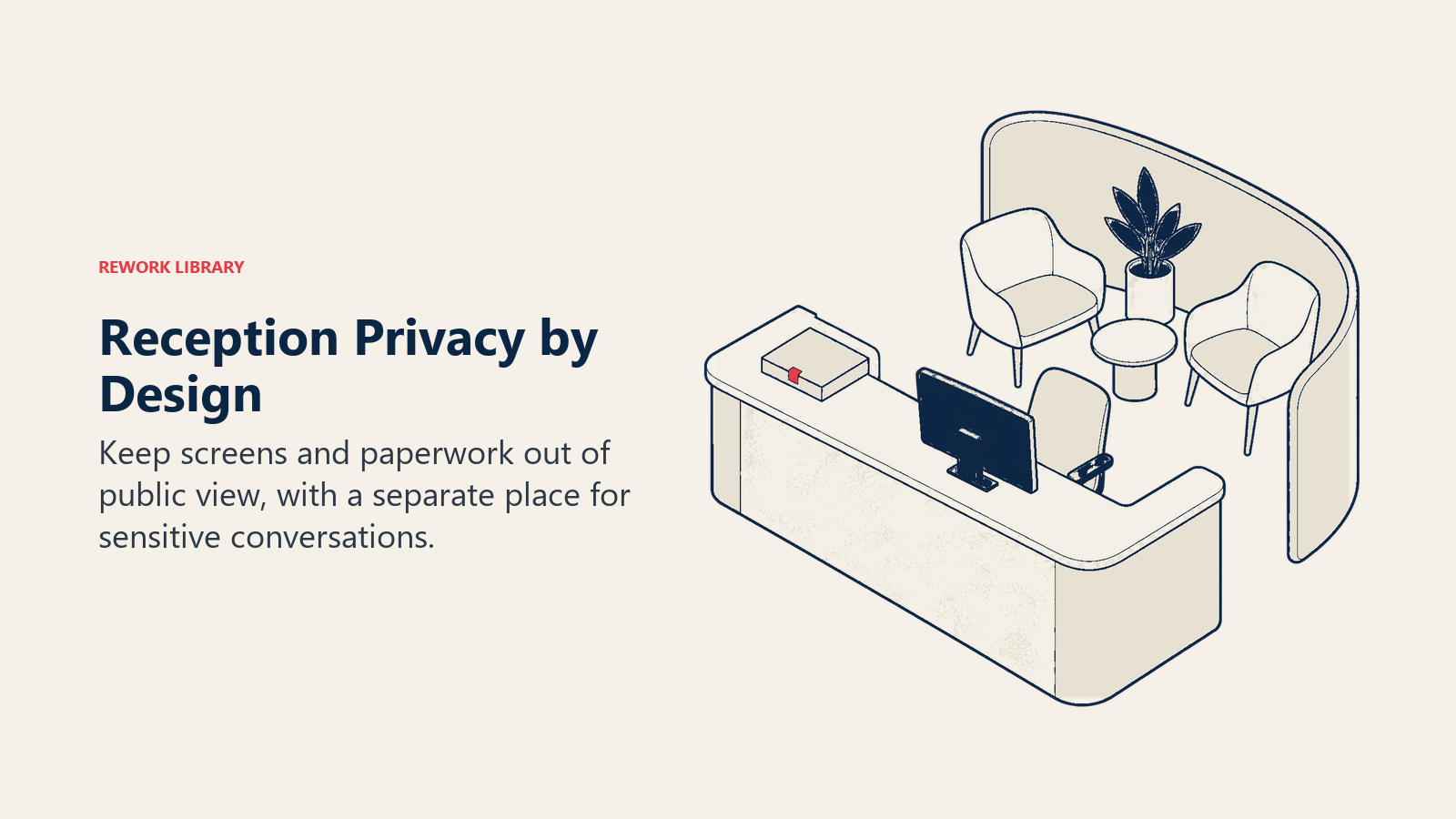 Reception privacy with inward-facing monitor, covered documents and a separate conversation nook