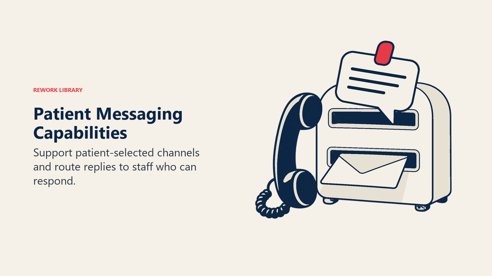 Patient messaging capabilities shown as a mailbox supporting outgoing messages and incoming replies