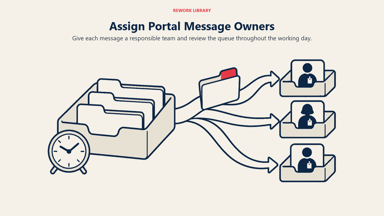 Portal message ownership with an inbox, designated staff trays and scheduled queue review