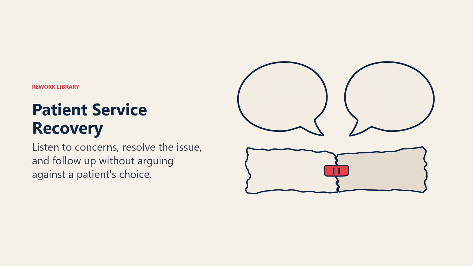 Patient Service Recovery illustrated by speech bubbles and repaired paper.