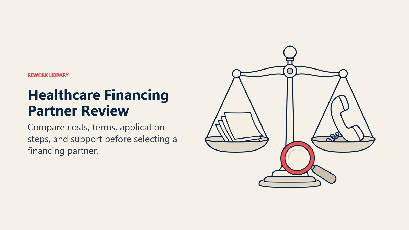Healthcare Financing Partner Review illustrated by fee slips and service support on a scale.