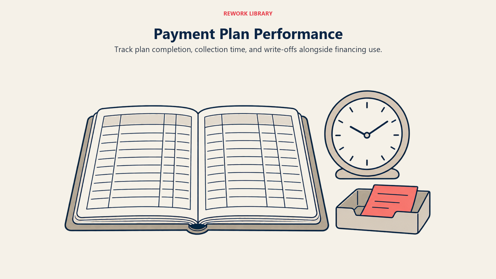 Payment Plan Performance illustrated by ledger, clock, unresolved balance tray.