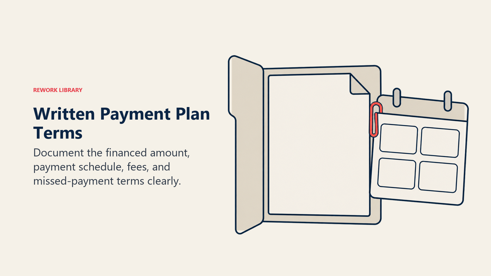 Written Payment Plan Terms illustrated by agreement folder and installment calendar.