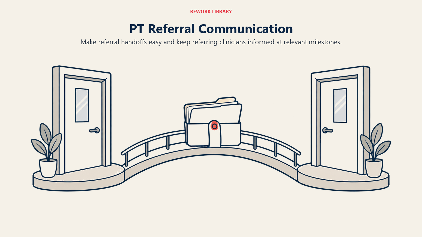 PT Referral Communication illustrated by two offices and secure document handoff.