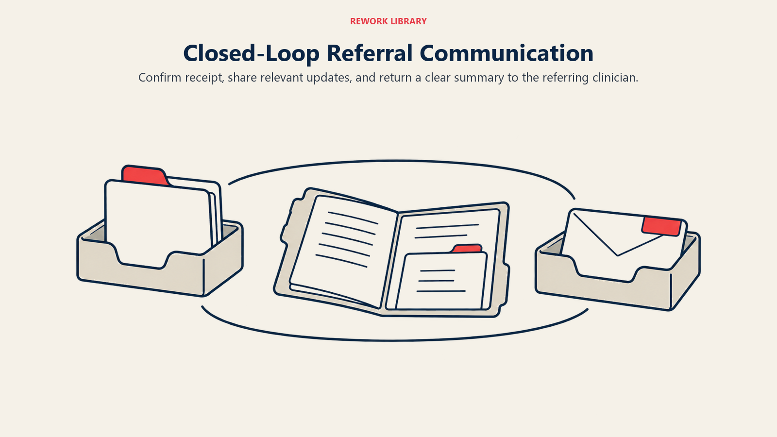 Closed-Loop Referral Communication illustrated by inbox, review folio, summary outbox.