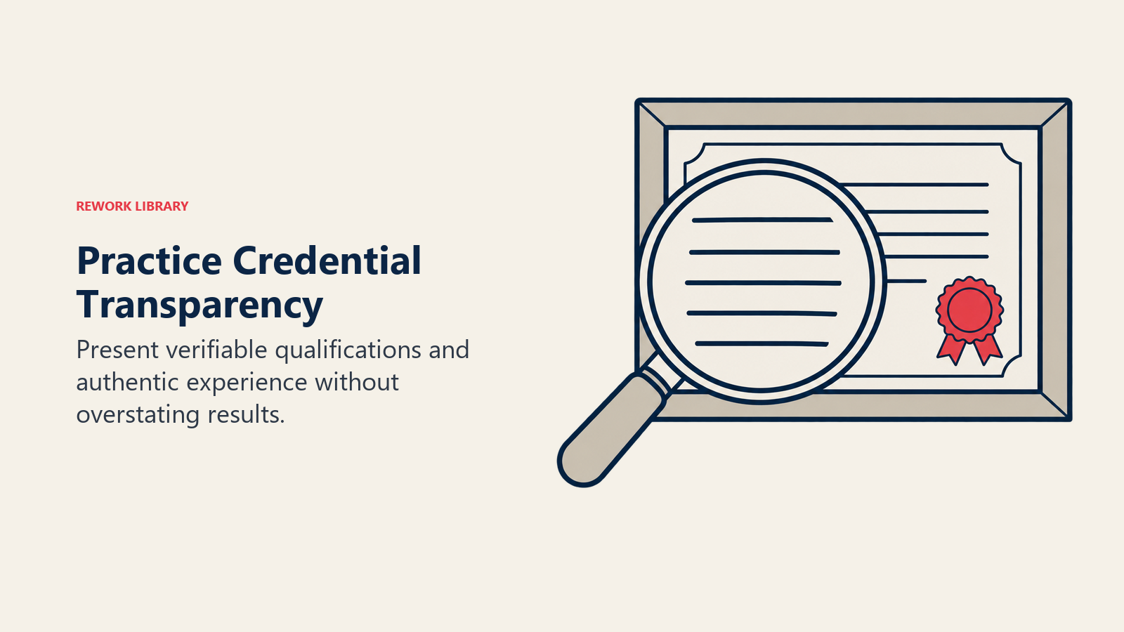 Practice Credential Transparency illustrated by credential document and magnifier.