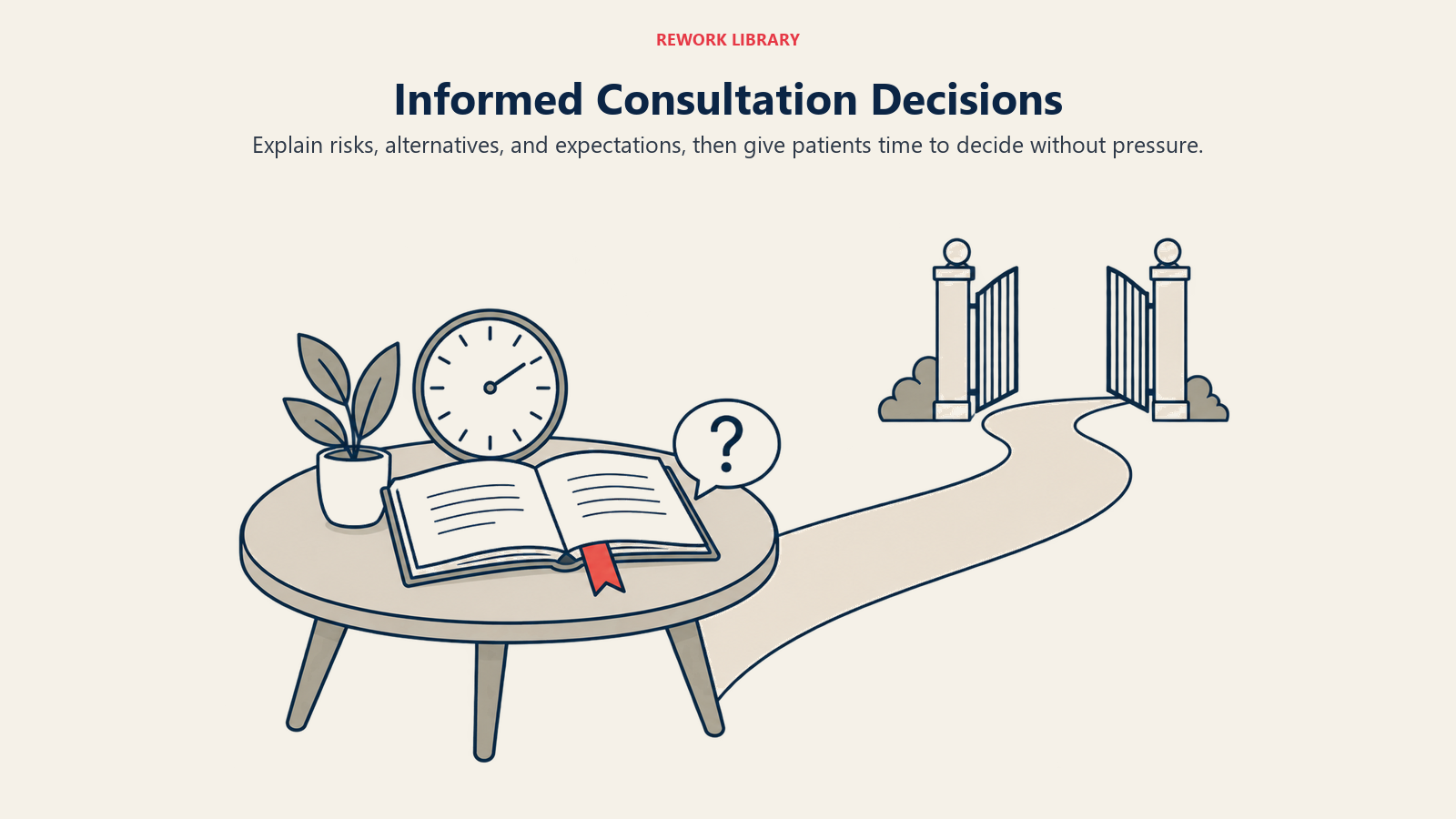 Informed Consultation Decisions illustrated by information booklet, clock, open gate.