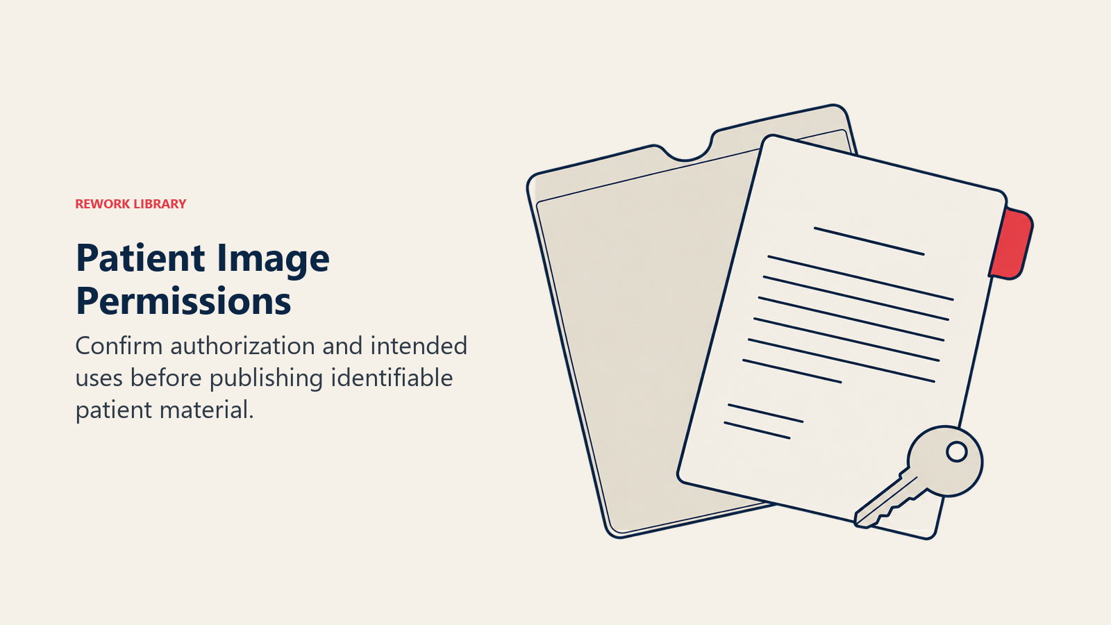 Patient Image Permissions illustrated by closed image sleeve, permission document, key.