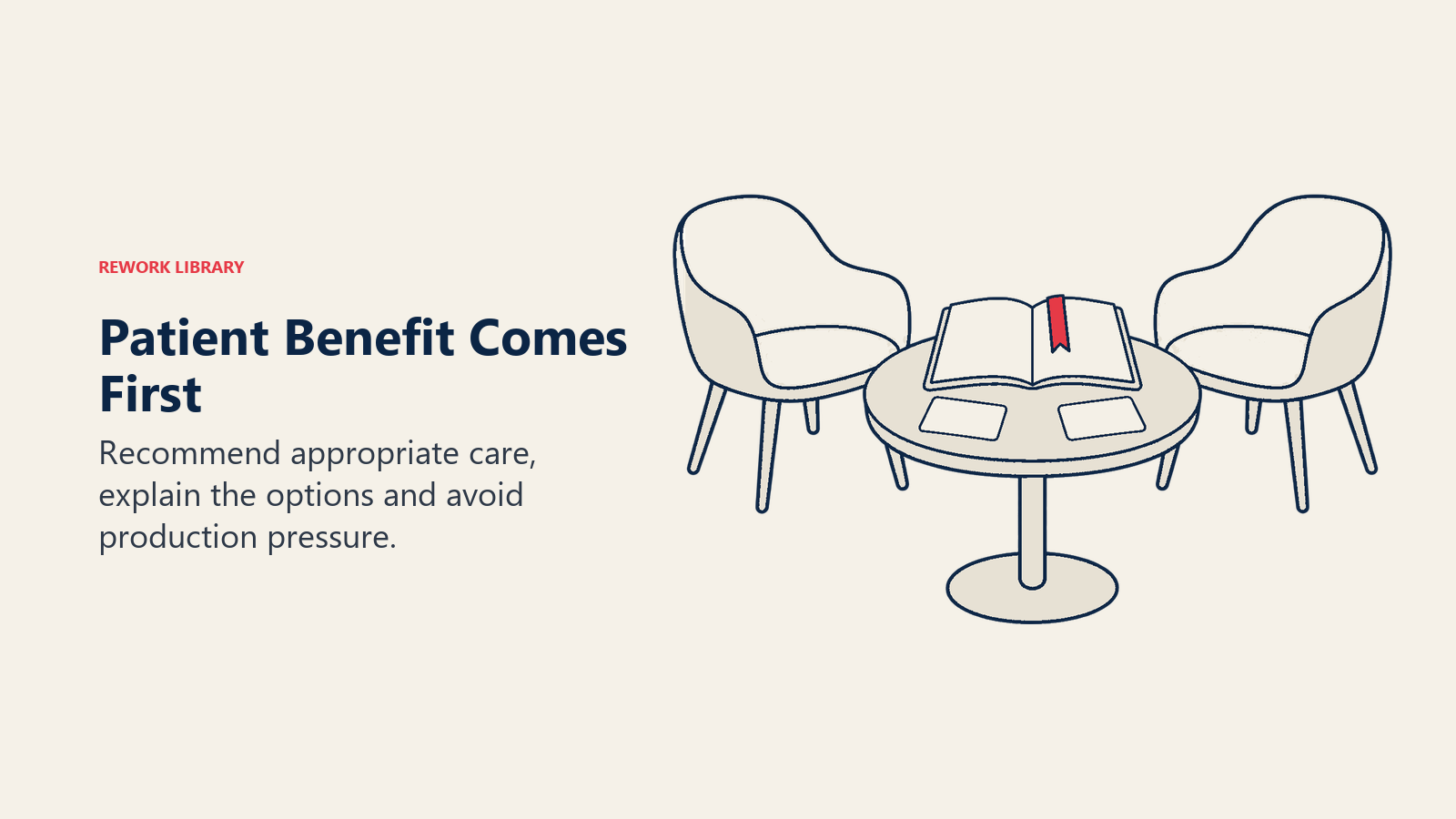 Patient Benefit Comes First: Recommend appropriate care, explain the options and avoid production pressure.