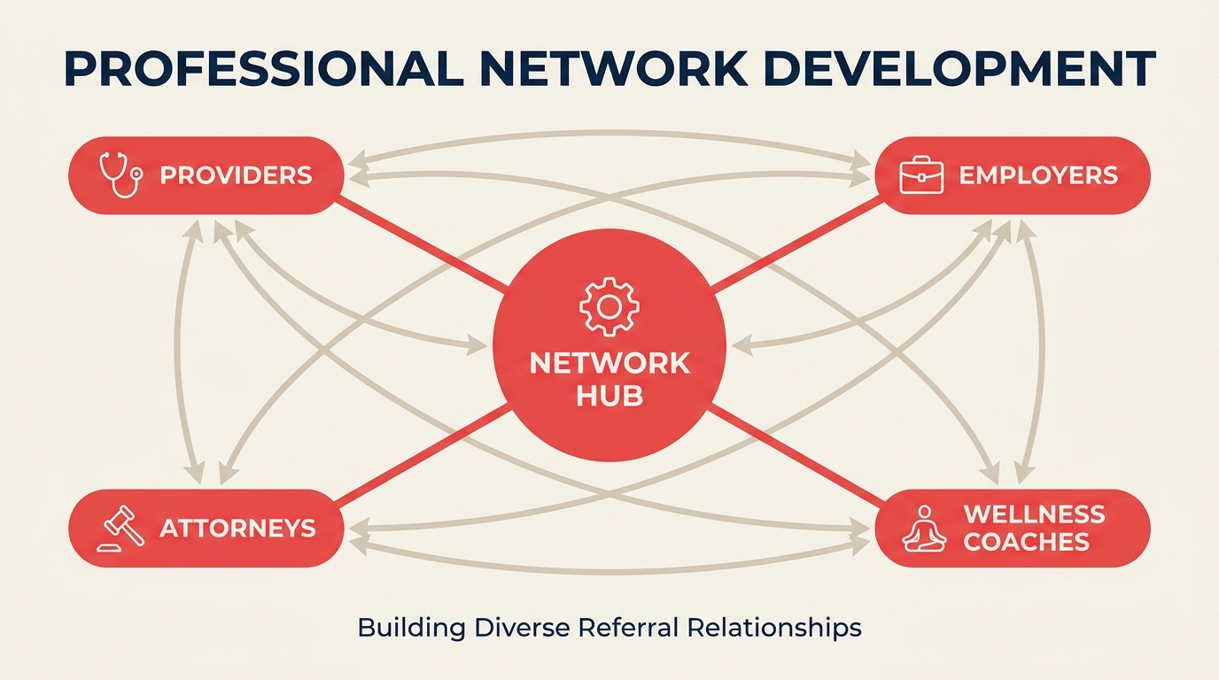 Healthcare professional network development showing diverse referral relationships beyond physician networks