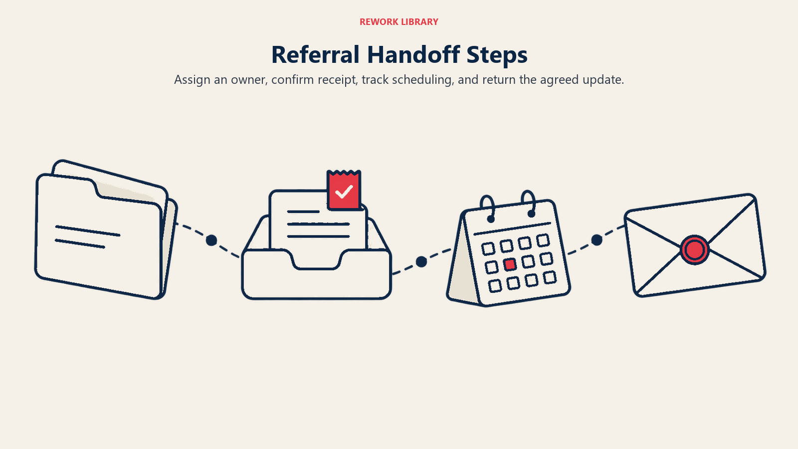 Referral Handoff Steps: Assign an owner, confirm receipt, track scheduling, and return the agreed update.