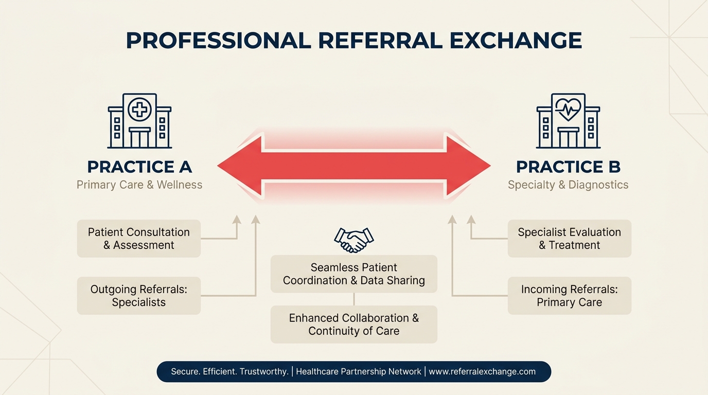 Professional referral exchange framework showing bidirectional referral relationships between healthcare providers