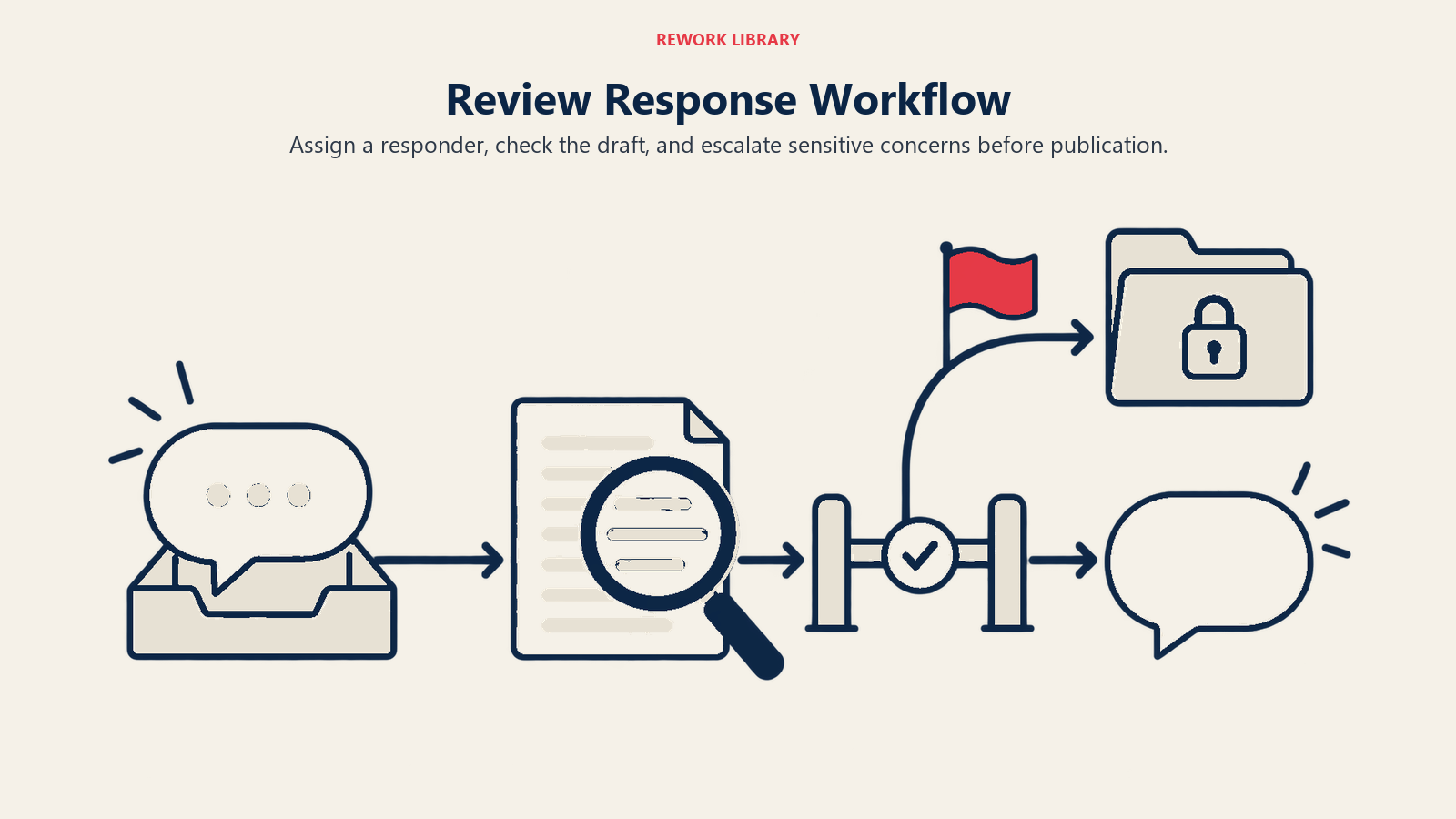 Review Response Workflow: Assign a responder, check the draft, and escalate sensitive concerns before publication.