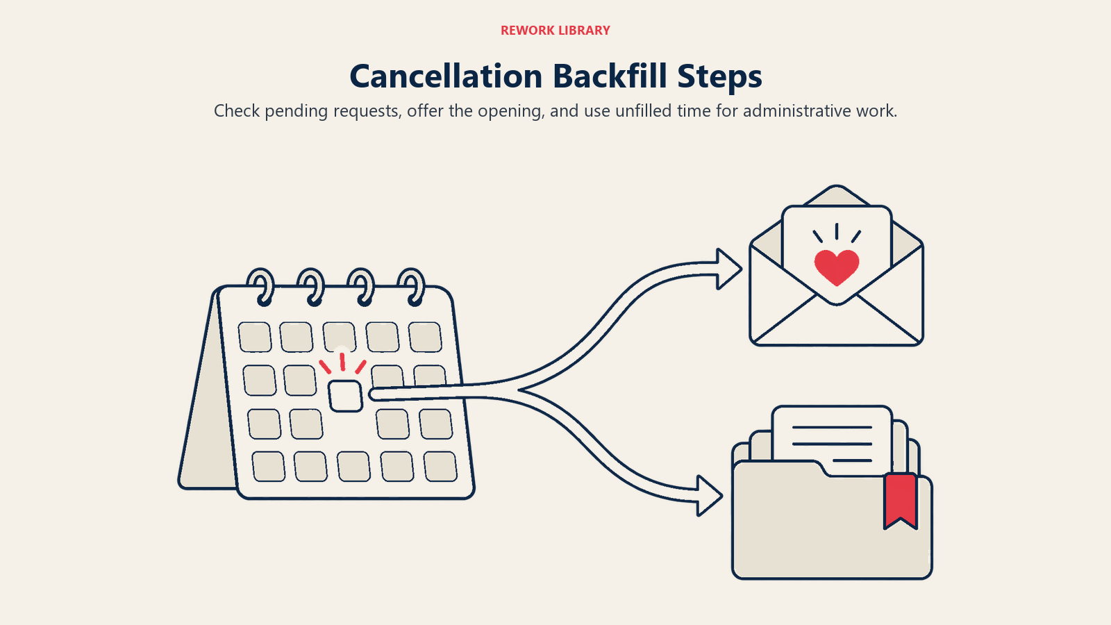 Cancellation Backfill Steps: Check pending requests, offer the opening, and use unfilled time for administrative work.