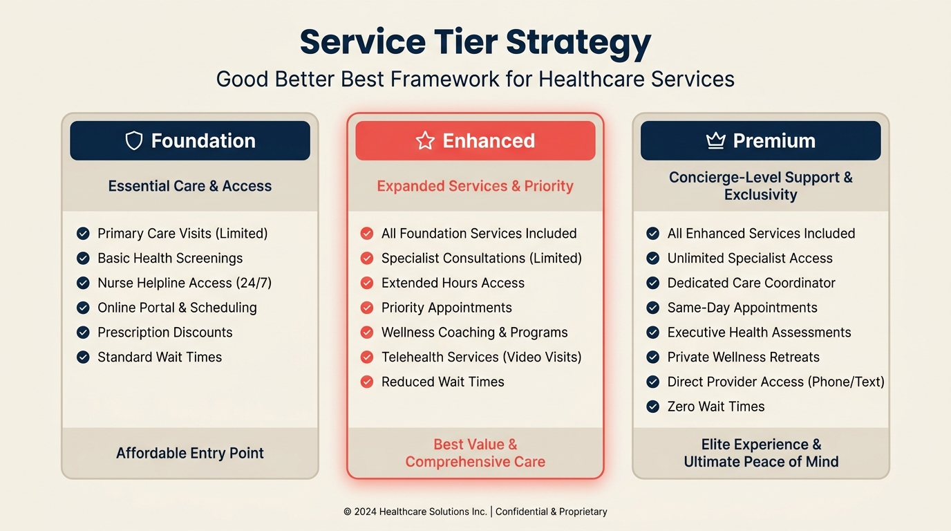 Service tier strategy framework for healthcare practices showing good better best service packages