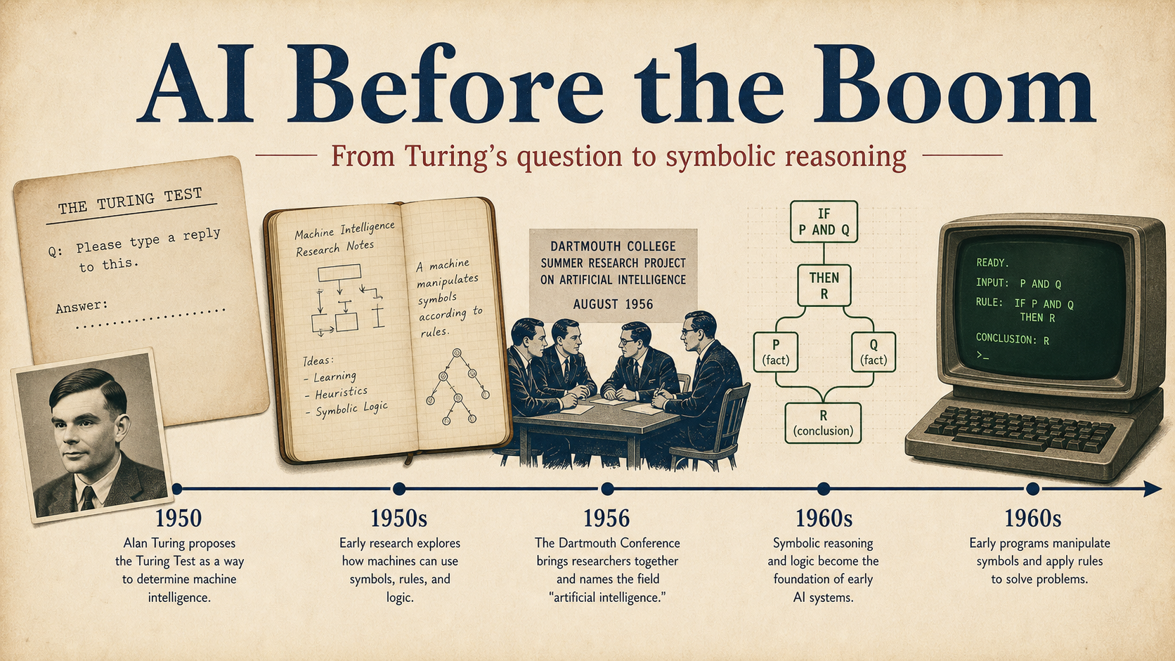 Ilustrasi historis artefak AI awal termasuk kartu Turing Test, catatan riset, logika simbolik, dan terminal awal