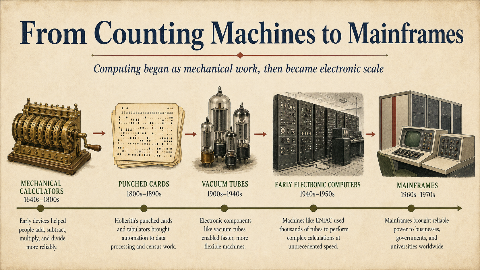 Historical illustration showing mechanical calculators, punched cards, vacuum tubes, early electronic computers, and mainframes