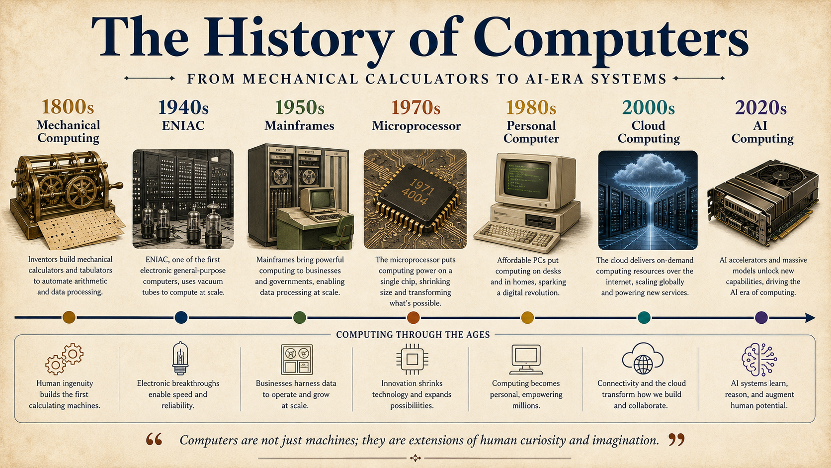 Timeline infographic showing the history of computers from mechanical computing to AI-era systems