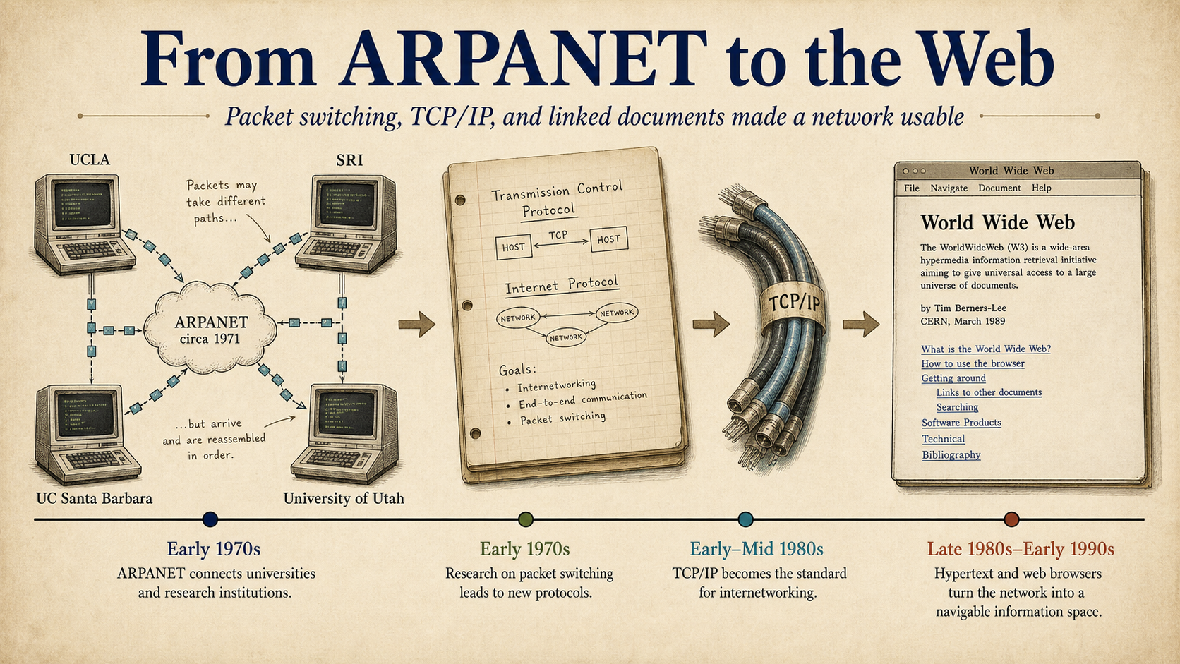 Ilustración histórica que muestra terminales de ARPANET, documentos de protocolo, cables de red y un documento web temprano