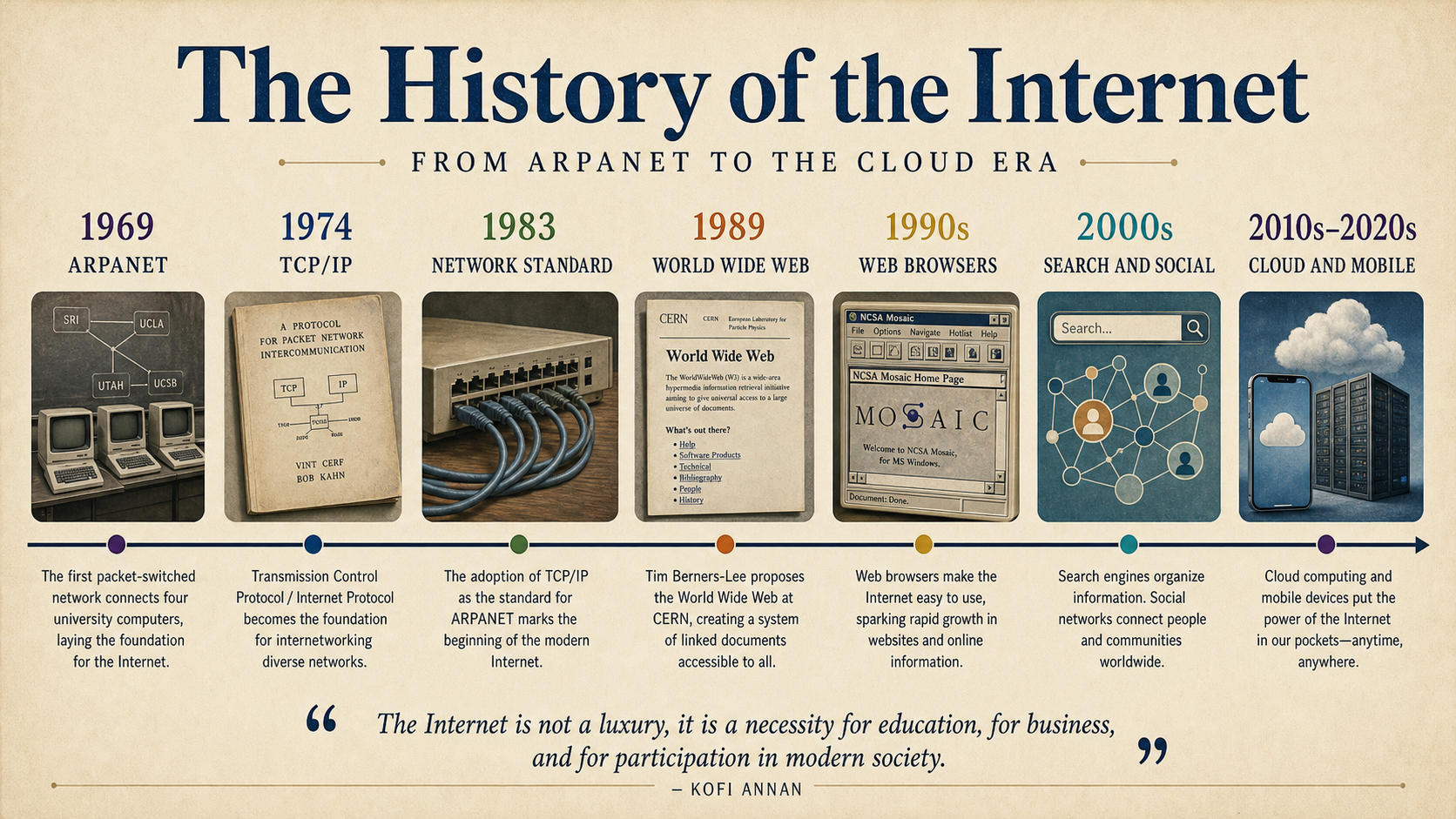 Infografía de cronología que muestra la historia de Internet, desde ARPANET hasta la computación en la nube y móvil