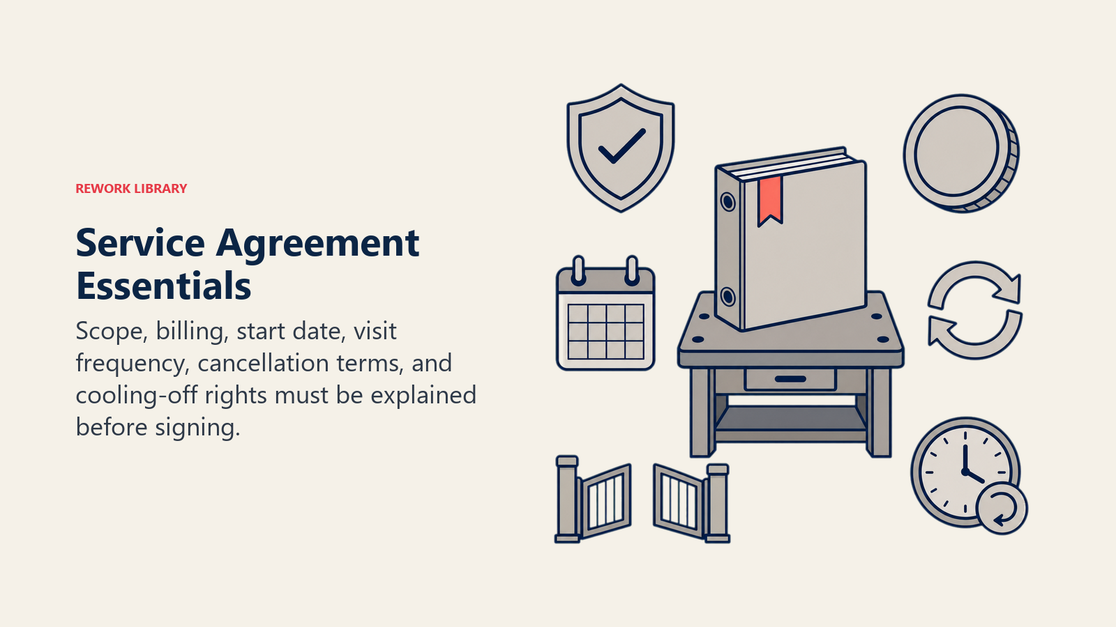 Service Agreement Essentials illustrated as a contract toolkit for scope, billing, timing, frequency, and cancellation