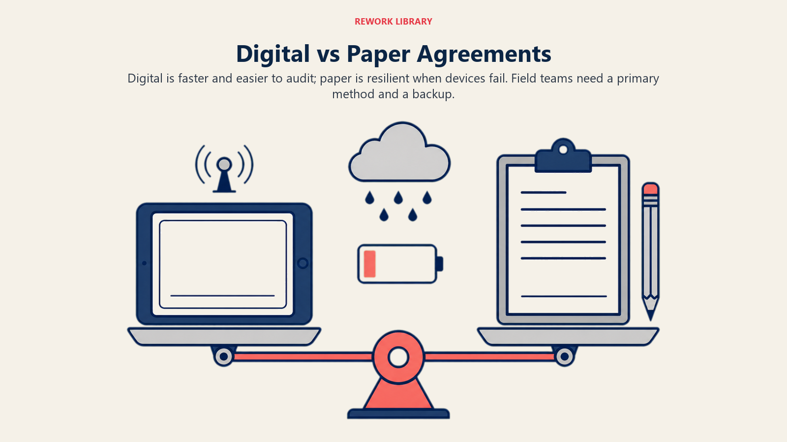 Digital vs Paper Agreements illustrated as a balanced comparison between a tablet workflow and paper backup