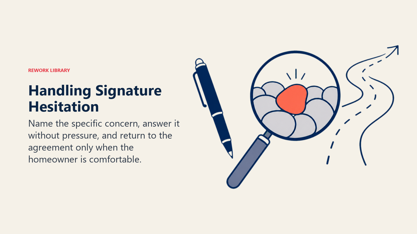 Handling Signature Hesitation illustrated as a clarity lens revealing one specific concern beside a paused pen