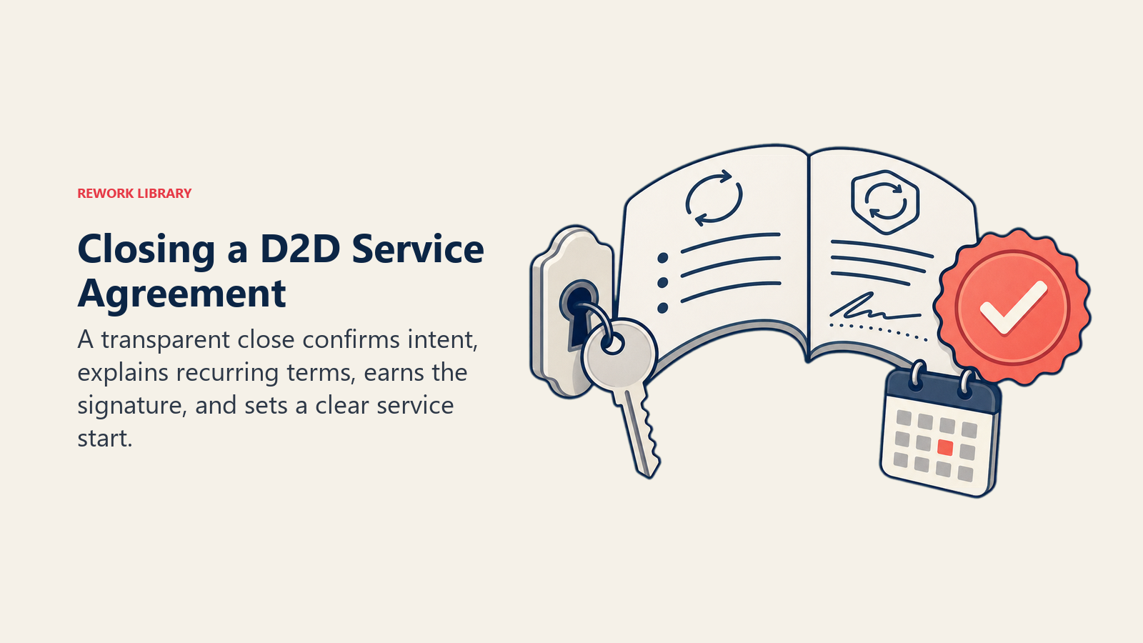 Closing a D2D Service Agreement illustrated as an agreement bridge from doorstep intent to a signed service start