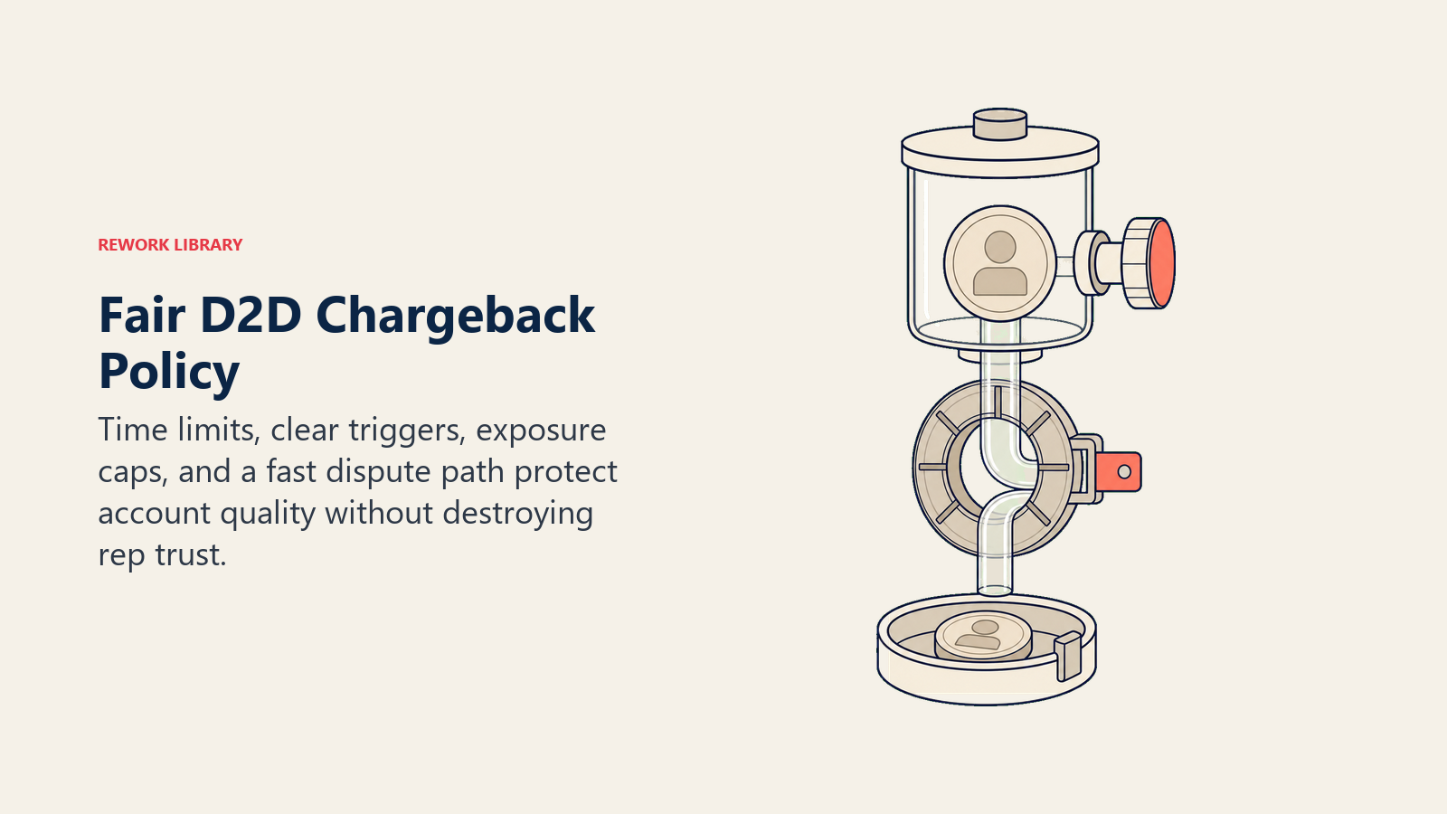 Fair D2D chargeback policy shown as a bounded return valve with time limits, caps, and dispute release