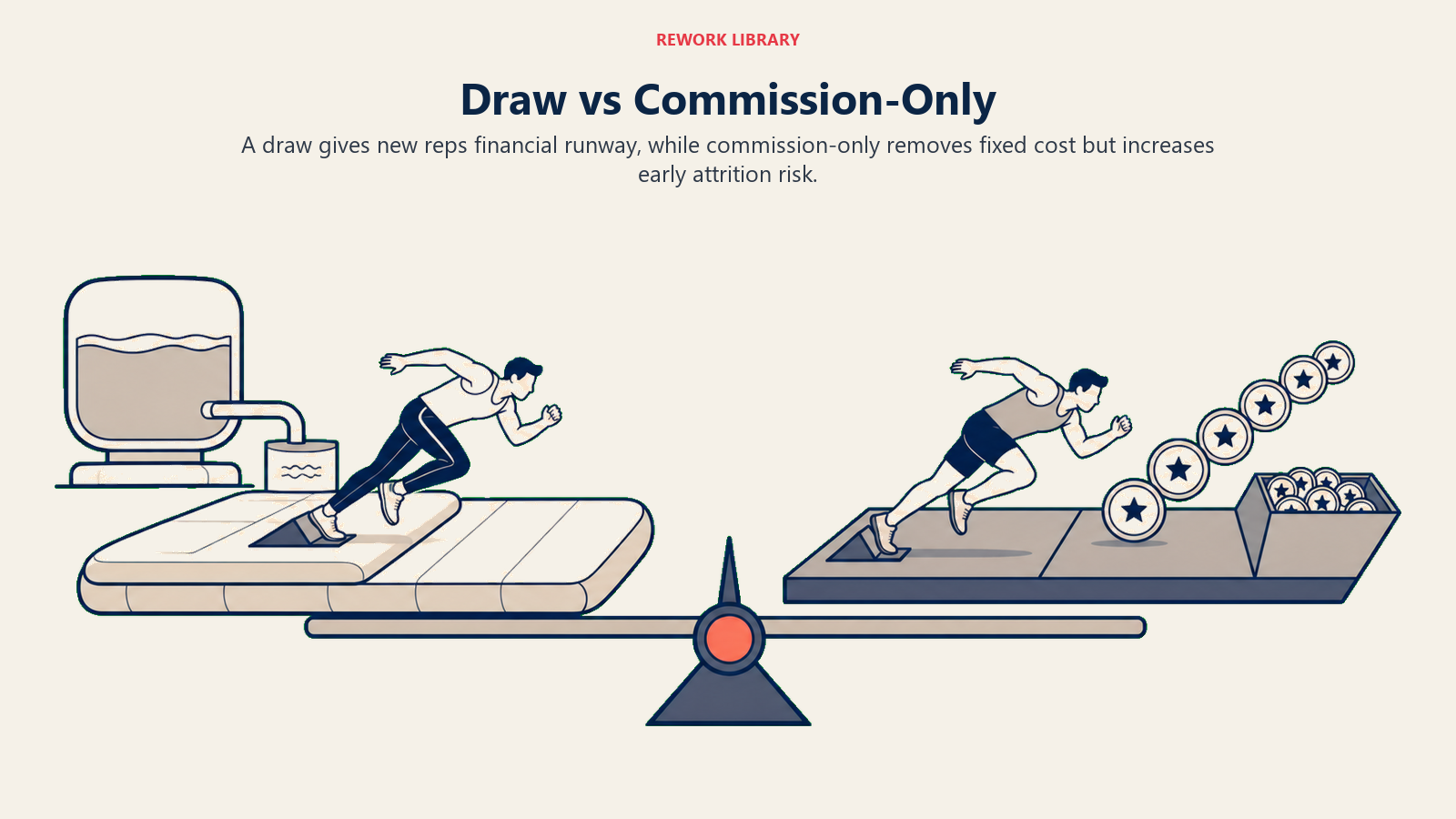 Draw versus commission-only D2D compensation shown as financial runway compared with performance-only earnings
