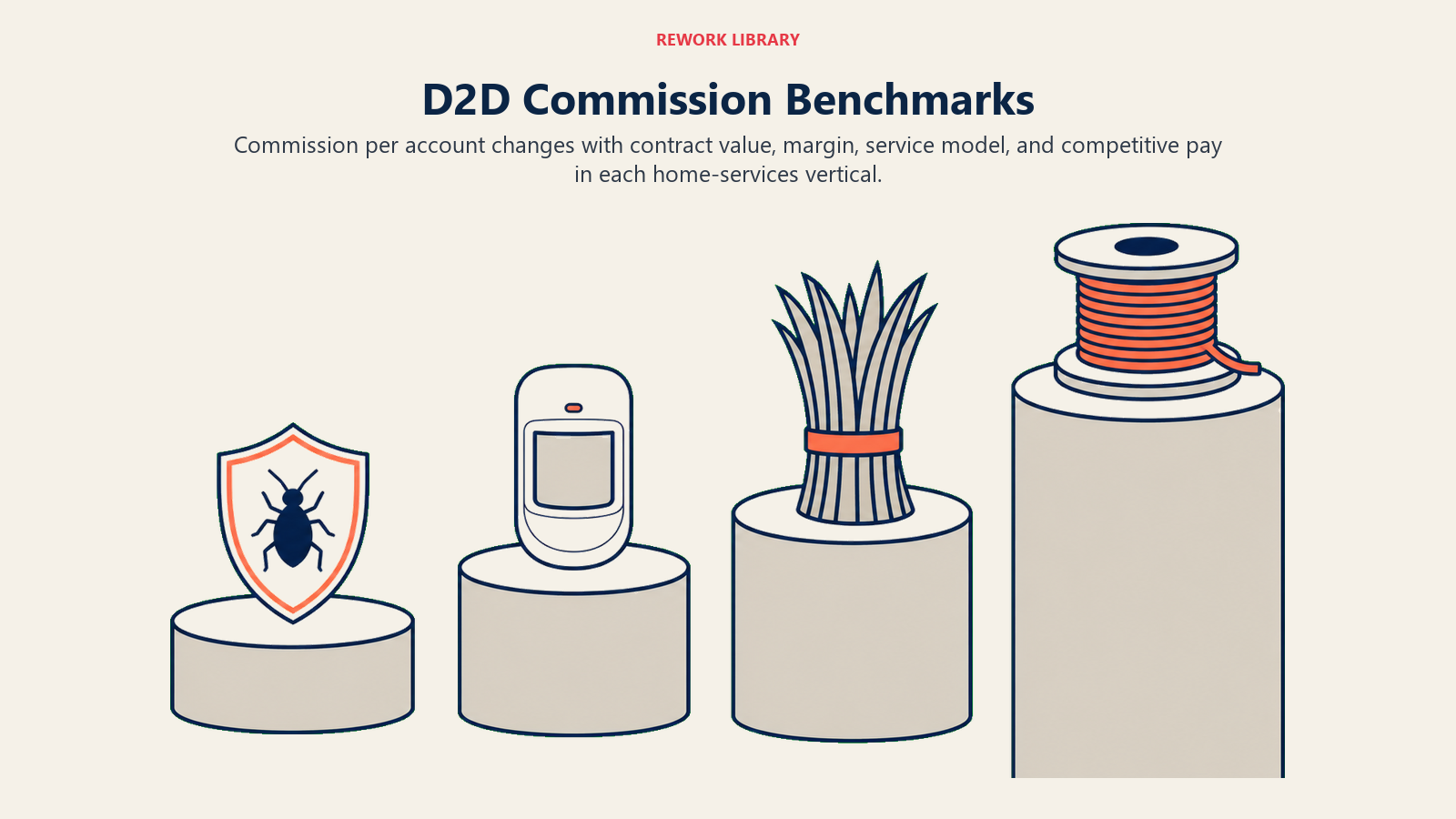 D2D commission benchmarks across pest control, security, lawn care, and fiber service economics