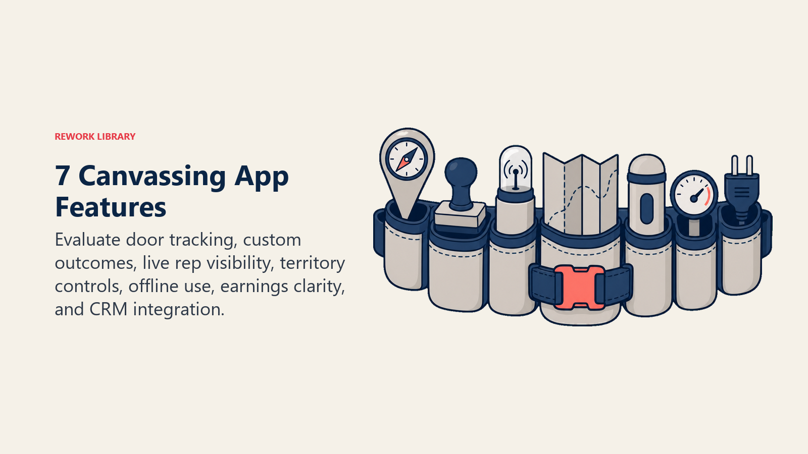 Seven canvassing app features represented by a field toolbelt for door tracking, territories, offline use, earnings, and CRM integration