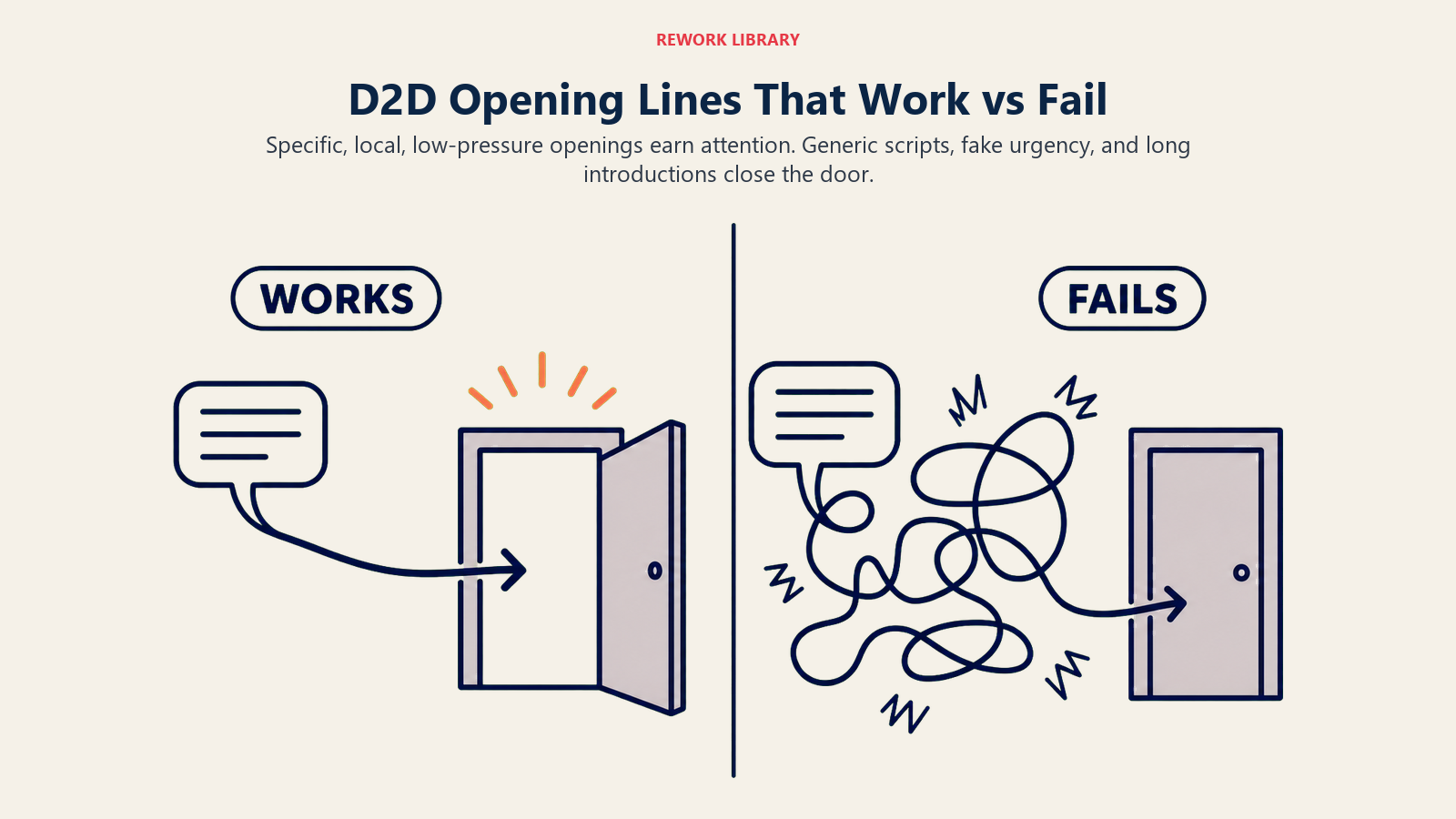 D2D opening lines that work versus fail shown as speech paths to an open and a closed door