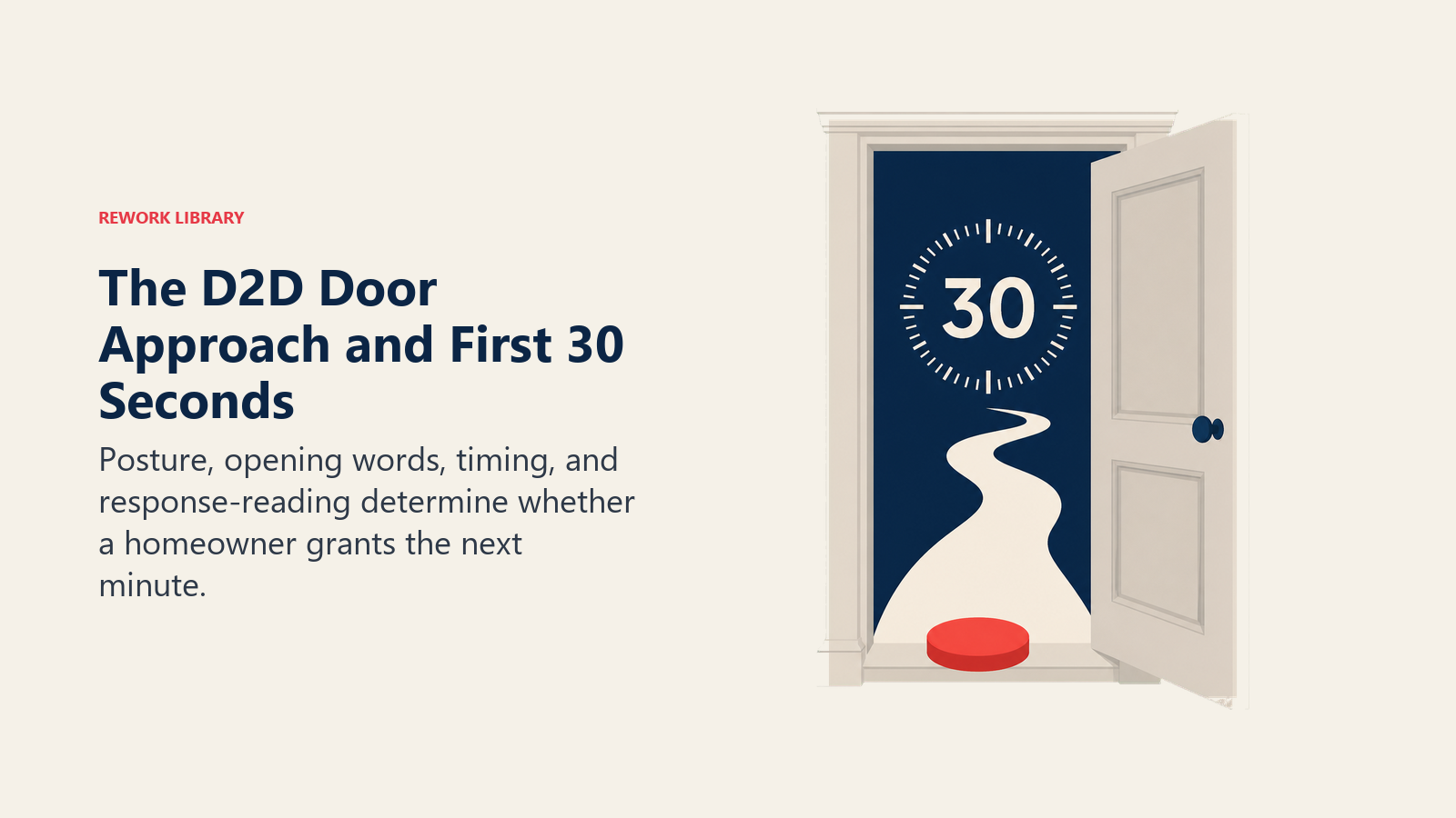 D2D door approach shown as a 30-second trust window opening into a conversation path