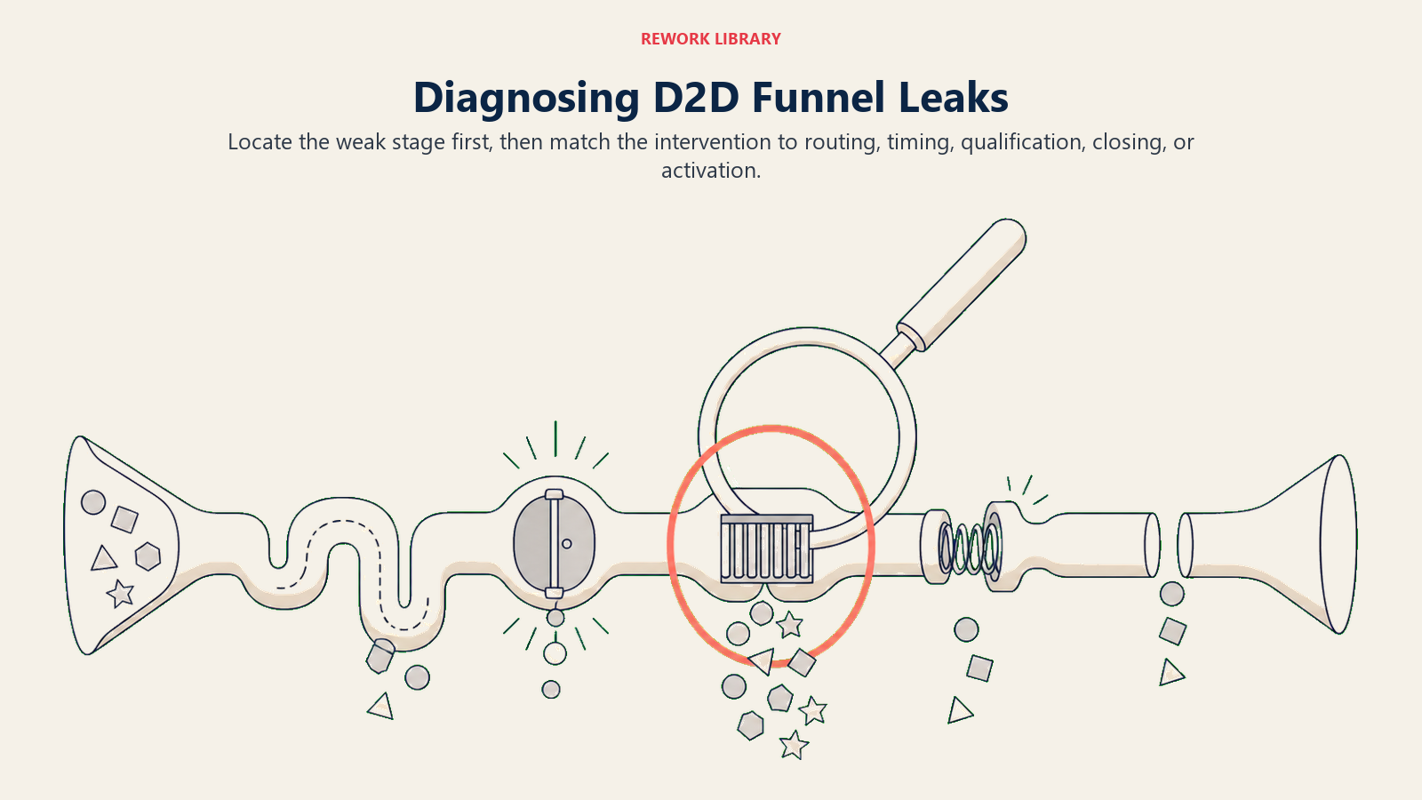 Diagnosing D2D funnel leaks with a stage probe identifying routing, timing, qualification, closing, and activation failures