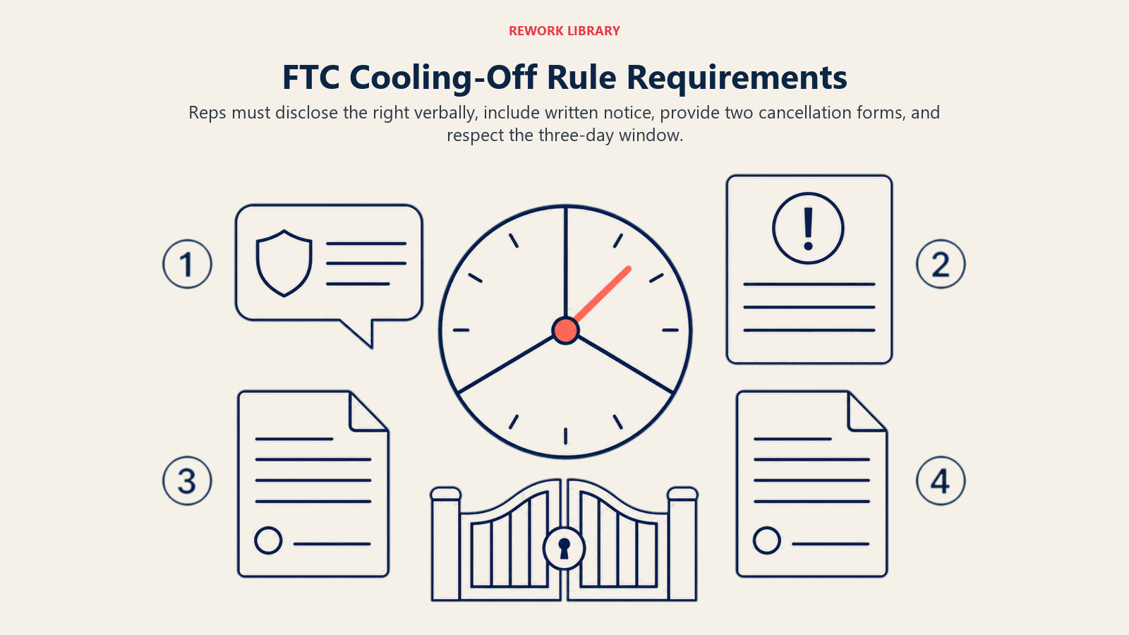 FTC Cooling-Off Rule Requirements illustrated as four disclosure duties arranged around a three-day clock