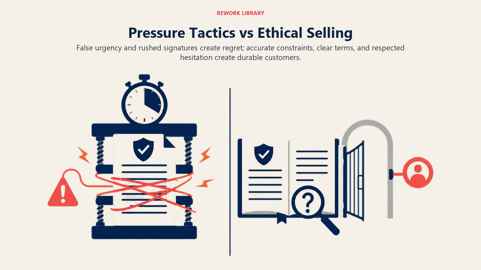 Pressure Tactics vs Ethical Selling illustrated as a compressed agreement contrasted with an open transparent choice