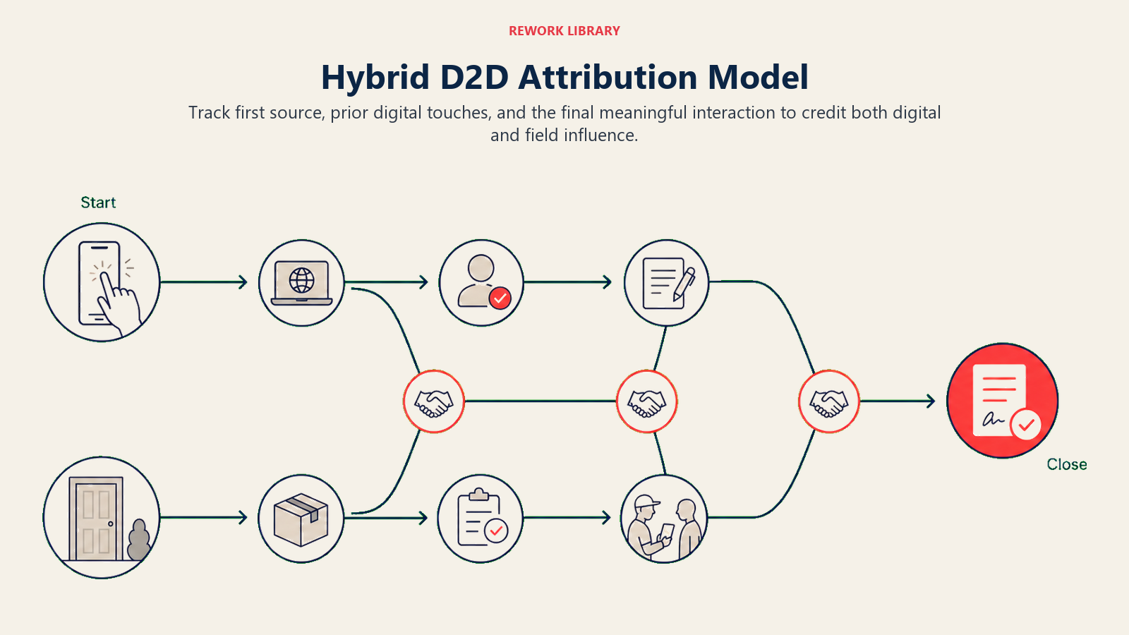 Hybrid D2D Attribution Model illustrated with a wide customer journey with two distinct lanes, a digital signal lane and a doorstep lane, crossing at three touchpoints before merging into one coral signed account; sparse labels Start and Close