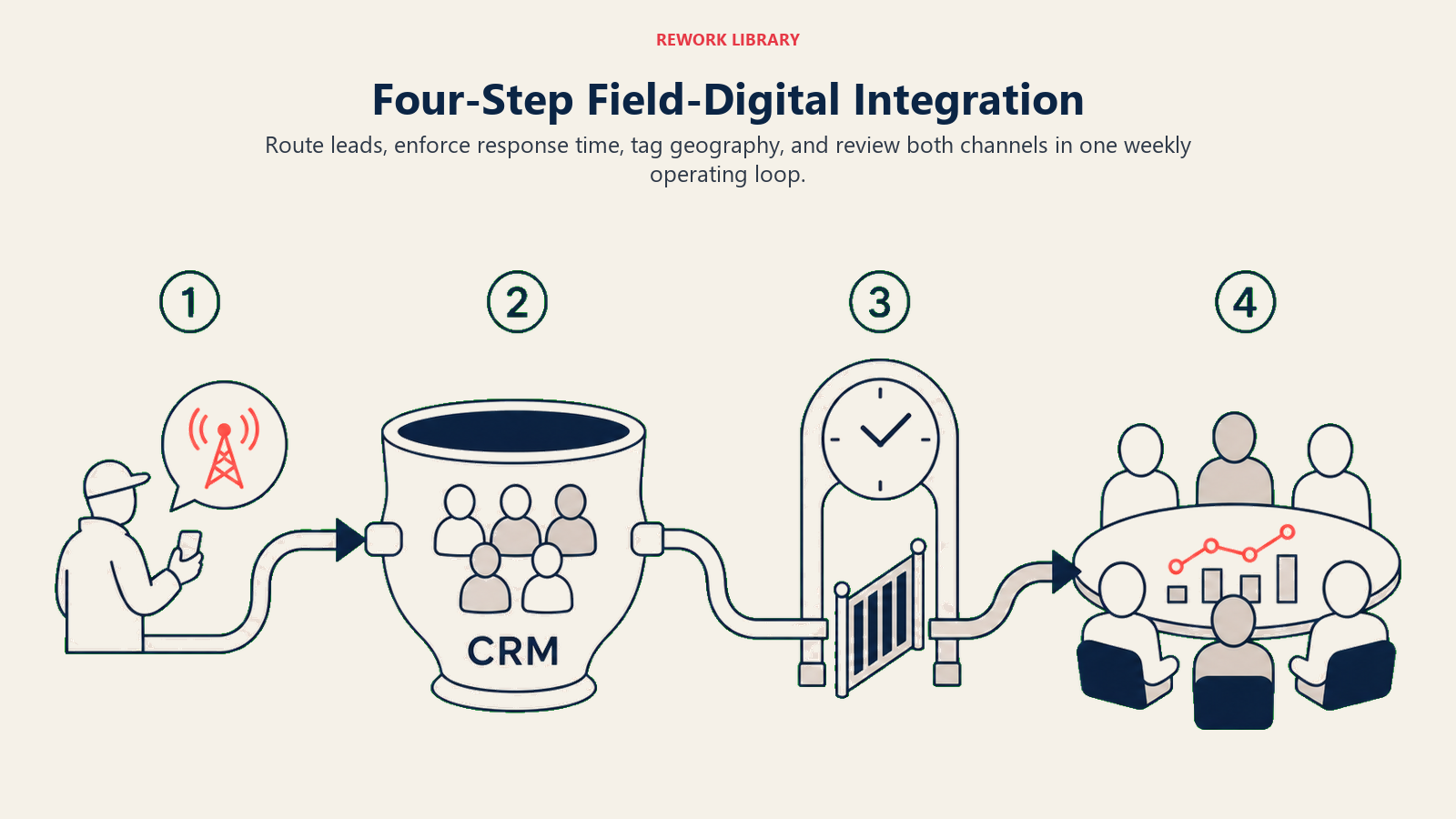 Four-Step Field-Digital Integration illustrated with a wide four-stage field-to-digital route: inbound signal enters a shared CRM vessel, passes a clock gate, receives a map pin, and arrives at a weekly review table; sparse stage numbers 1, 2, 3, 4