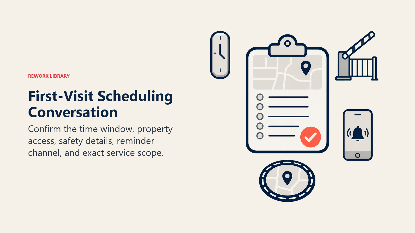 First-visit scheduling conversation shown as a dispatch clipboard with five logistics tokens