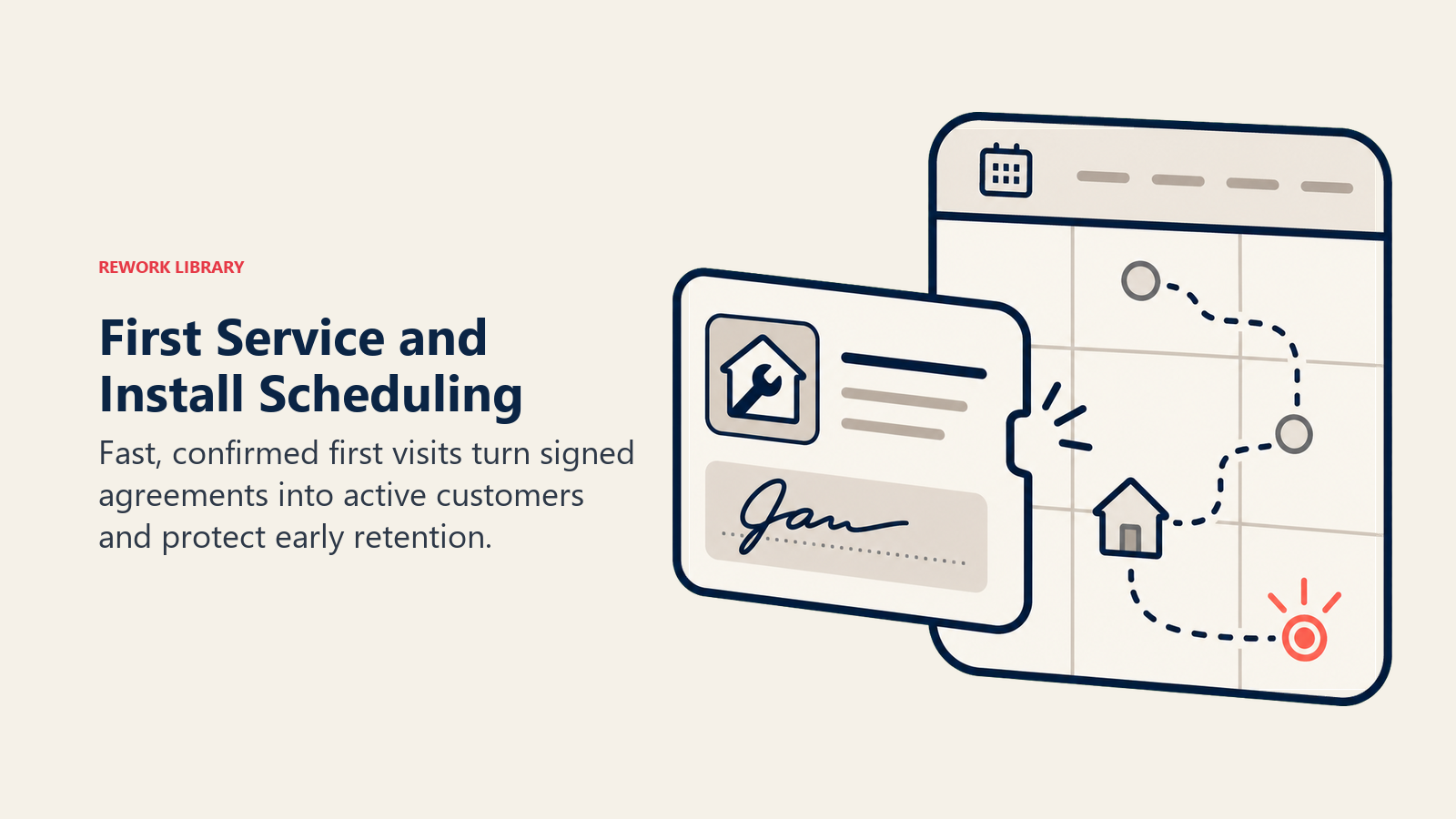 First service scheduling shown as a signed service card docking into a technician route calendar