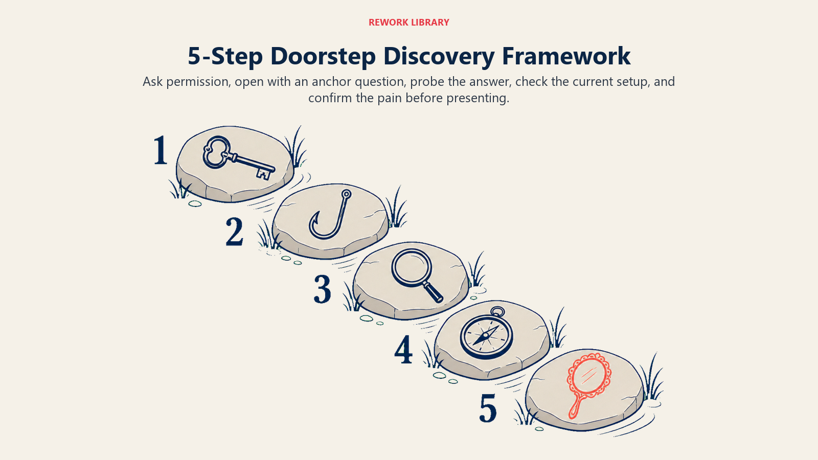 Five-step doorstep discovery framework moving from permission and anchor question to pain confirmation