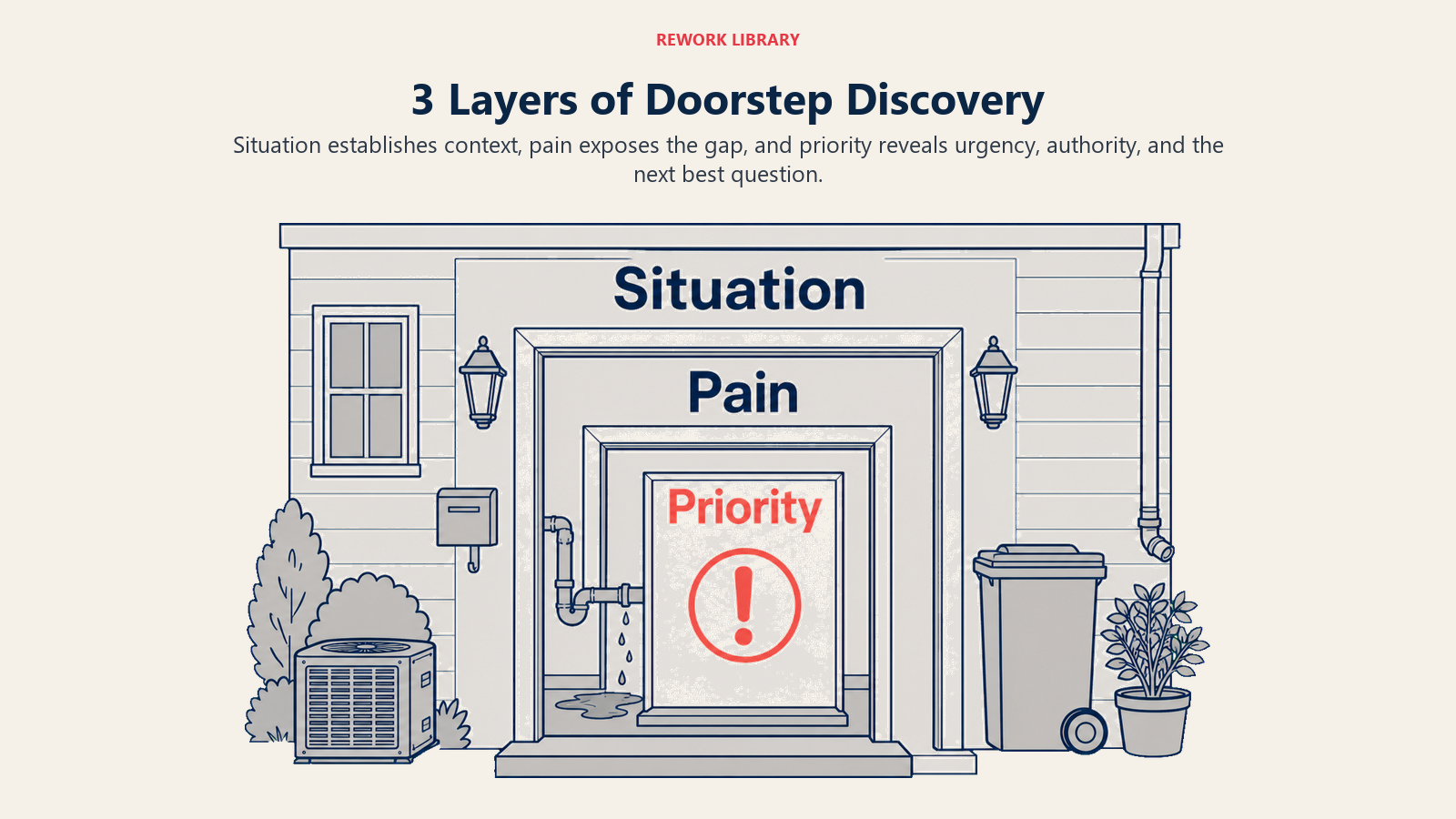 Three layers of doorstep discovery shown as nested thresholds from situation through pain to priority